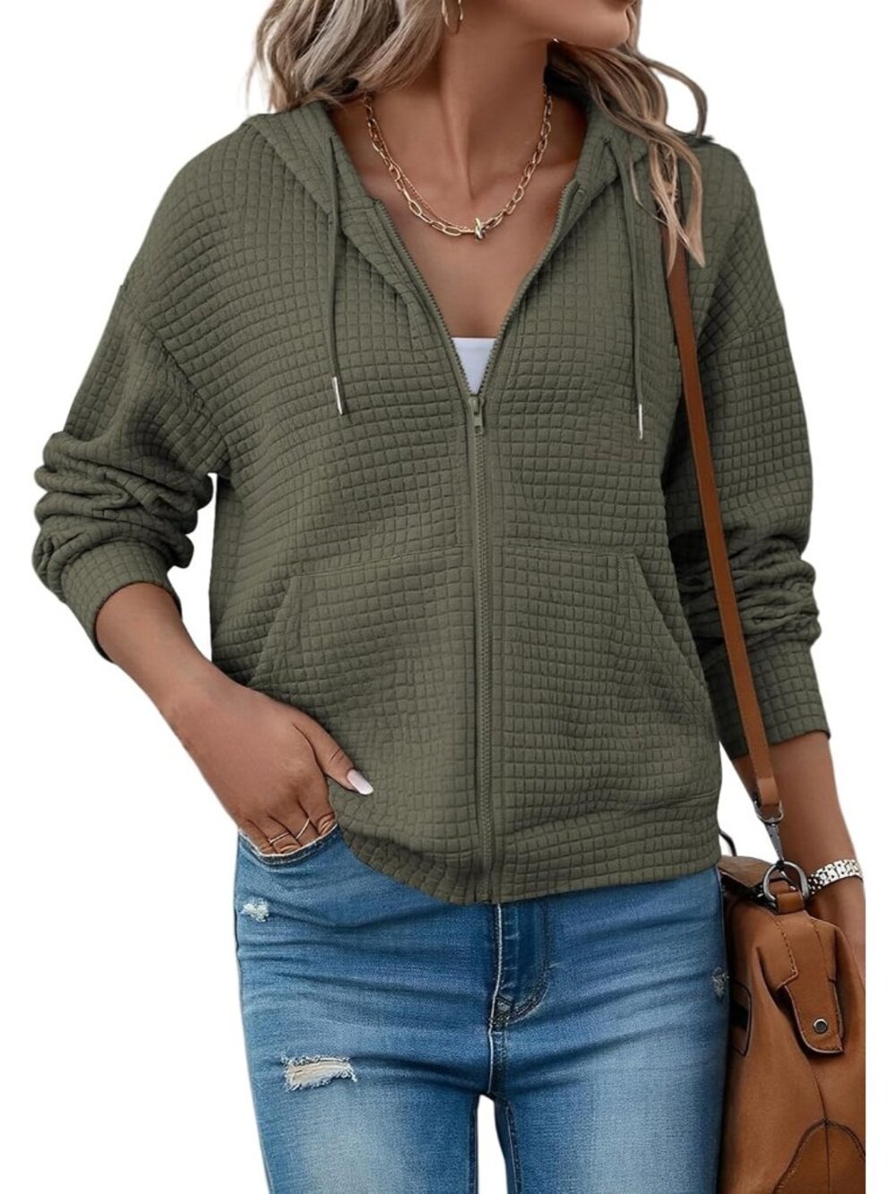 〽️Women's Green Zip Up Hooded Oversized Sweatshirt Fall Fashion Waffle Jacket